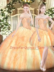 Gold Ball Gowns Off The Shoulder Sleeveless Organza Floor Length Lace Up Ruffles Vestidos de Quinceanera