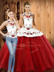 High Quality Ball Gowns Quinceanera Dress White And Red Halter Top Organza Sleeveless Floor Length Lace Up