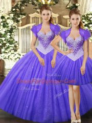 Fuchsia Tulle Lace Up Sweet 16 Dresses Sleeveless Floor Length Beading