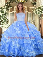 Light Blue Ball Gowns Organza Scoop Sleeveless Lace and Ruffled Layers Floor Length Clasp Handle Vestidos de Quinceanera