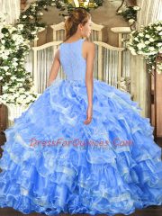 Light Blue Ball Gowns Organza Scoop Sleeveless Lace and Ruffled Layers Floor Length Clasp Handle Vestidos de Quinceanera