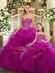 Glittering Sweetheart Sleeveless Organza 15th Birthday Dress Beading and Ruffles Lace Up