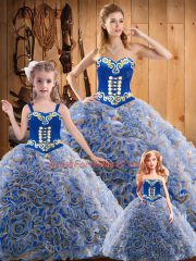 Sleeveless Fabric With Rolling Flowers Sweep Train Lace Up 15th Birthday Dress in Multi-color with Embroidery