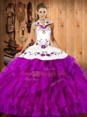 Exquisite Fuchsia Lace Up Sweet 16 Dresses Embroidery and Ruffles Sleeveless Floor Length