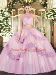Artistic Lilac Two Pieces Beading and Appliques Quinceanera Gown Zipper Tulle Sleeveless Floor Length
