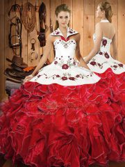Admirable Halter Top Sleeveless Satin and Organza Quinceanera Dress Embroidery and Ruffles Lace Up