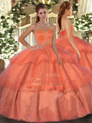 High Class Orange Red Ball Gowns Organza Sweetheart Sleeveless Beading and Ruffled Layers Floor Length Lace Up Quinceanera Gowns