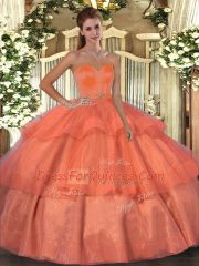 High Class Orange Red Ball Gowns Organza Sweetheart Sleeveless Beading and Ruffled Layers Floor Length Lace Up Quinceanera Gowns