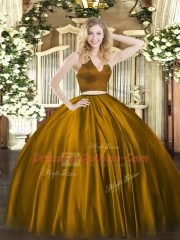 Brown Satin Zipper Halter Top Sleeveless Floor Length Vestidos de Quinceanera Ruching