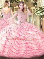 Hot Sale Beading and Ruffled Layers Quince Ball Gowns Baby Pink Zipper Sleeveless Sweep Train