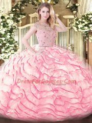Hot Sale Beading and Ruffled Layers Quince Ball Gowns Baby Pink Zipper Sleeveless Sweep Train