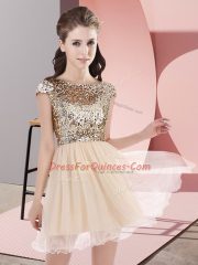 High Quality Cap Sleeves Tulle Mini Length Zipper Court Dresses for Sweet 16 in Champagne with Sequins