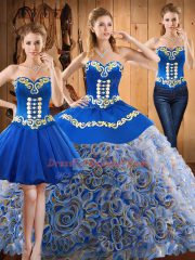 Wonderful With Train Multi-color Quinceanera Gown Satin and Fabric With Rolling Flowers Sweep Train Sleeveless Embroidery