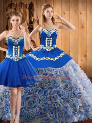 Wonderful With Train Multi-color Quinceanera Gown Satin and Fabric With Rolling Flowers Sweep Train Sleeveless Embroidery