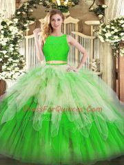 Excellent Multi-color Sleeveless Floor Length Lace and Ruffles Zipper Quince Ball Gowns