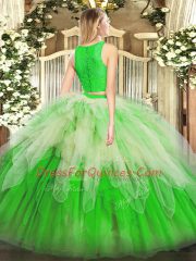 Excellent Multi-color Sleeveless Floor Length Lace and Ruffles Zipper Quince Ball Gowns