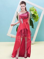 Coral Red Prom Dress Prom and Party with Beading and Sequins One Shoulder Sleeveless Lace Up