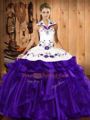 Graceful Purple Ball Gowns Embroidery and Ruffled Layers Sweet 16 Dress Lace Up Organza Sleeveless Floor Length