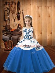 Hot Selling Blue Sleeveless Embroidery Floor Length Little Girls Pageant Dress