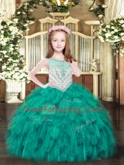 Latest Sleeveless Organza Floor Length Zipper Little Girl Pageant Dress in Turquoise with Beading and Ruffles