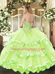 Floor Length Rose Pink Sweet 16 Dresses Organza Sleeveless Beading and Ruffled Layers
