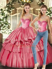 Watermelon Red Sleeveless Beading and Ruffled Layers Floor Length Sweet 16 Dresses