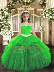 Green Lace Up Straps Appliques and Ruffles Little Girl Pageant Dress Tulle Sleeveless