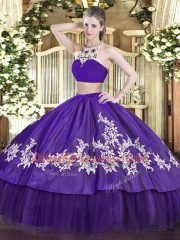 Unique Purple Tulle Backless High-neck Sleeveless Floor Length Quinceanera Dresses Beading and Appliques
