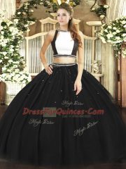 Tulle Halter Top Sleeveless Backless Ruching Sweet 16 Dresses in Black