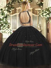 Tulle Halter Top Sleeveless Backless Ruching Sweet 16 Dresses in Black