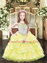 Sleeveless Organza Floor Length Zipper Little Girls Pageant Dress in Yellow with Beading and Ruffled Layers