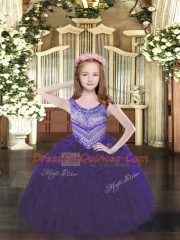 Purple Scoop Neckline Beading and Ruffles Kids Formal Wear Sleeveless Lace Up
