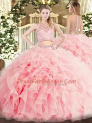 Modern Floor Length Baby Pink Quinceanera Dresses Scoop Sleeveless Zipper