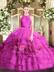 Fuchsia Sleeveless Lace Floor Length 15th Birthday Dress