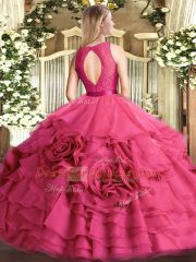 Fuchsia Sleeveless Lace Floor Length 15th Birthday Dress