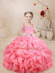 Custom Made Floor Length Ball Gowns Sleeveless Watermelon Red Little Girl Pageant Dress Lace Up