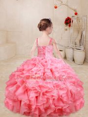 Custom Made Floor Length Ball Gowns Sleeveless Watermelon Red Little Girl Pageant Dress Lace Up