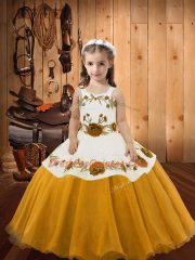 Embroidery Pageant Gowns For Girls Gold Lace Up Sleeveless Floor Length