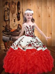 Red Lace Up Little Girl Pageant Gowns Embroidery and Ruffles Sleeveless Floor Length