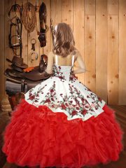 Red Lace Up Little Girl Pageant Gowns Embroidery and Ruffles Sleeveless Floor Length