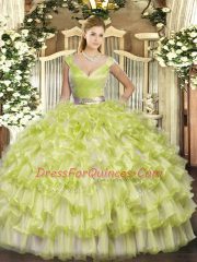 Floor Length Zipper Quinceanera Dresses Yellow Green for Military Ball and Sweet 16 and Quinceanera with Ruffled Layers