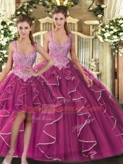 Sophisticated Fuchsia Sleeveless Beading and Ruffles Floor Length Ball Gown Prom Dress