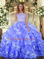 Fantastic Blue Organza Clasp Handle Vestidos de Quinceanera Sleeveless Floor Length Lace and Ruffled Layers