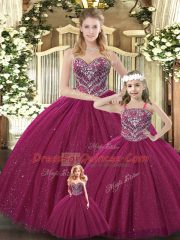 Best Sleeveless Tulle Floor Length Lace Up Quinceanera Gown in Burgundy with Beading