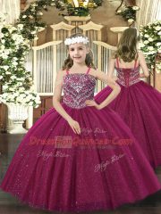 Best Sleeveless Tulle Floor Length Lace Up Quinceanera Gown in Burgundy with Beading