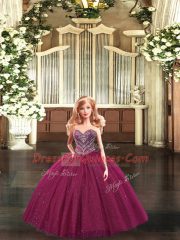 Best Sleeveless Tulle Floor Length Lace Up Quinceanera Gown in Burgundy with Beading