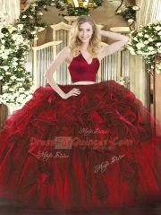 Floor Length Wine Red Sweet 16 Quinceanera Dress Halter Top Sleeveless Zipper