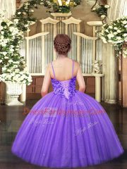 Lavender Little Girls Pageant Dress Party and Quinceanera with Appliques Spaghetti Straps Sleeveless Lace Up