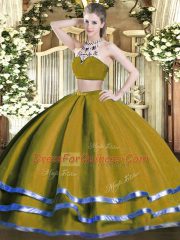 Unique Olive Green Backless High-neck Beading 15th Birthday Dress Tulle Sleeveless