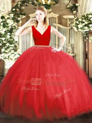 Unique Floor Length Ball Gowns Sleeveless Red Sweet 16 Dress Zipper